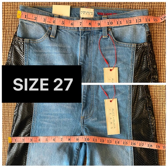 🏷 🆕 Alice + Olivia High Rise Vegan Leather Denim Jean Combo Max Wide Leg Pant - Picture 11 of 17